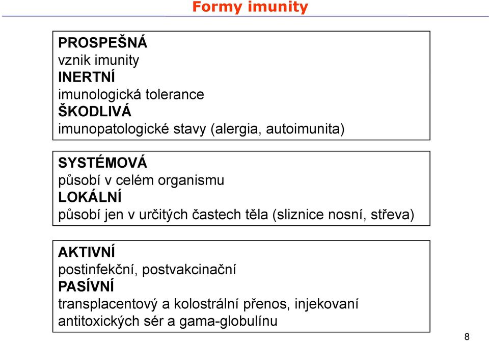 působí jen v určitých častech těla (sliznice nosní, střeva) AKTIVNÍ postinfekční,