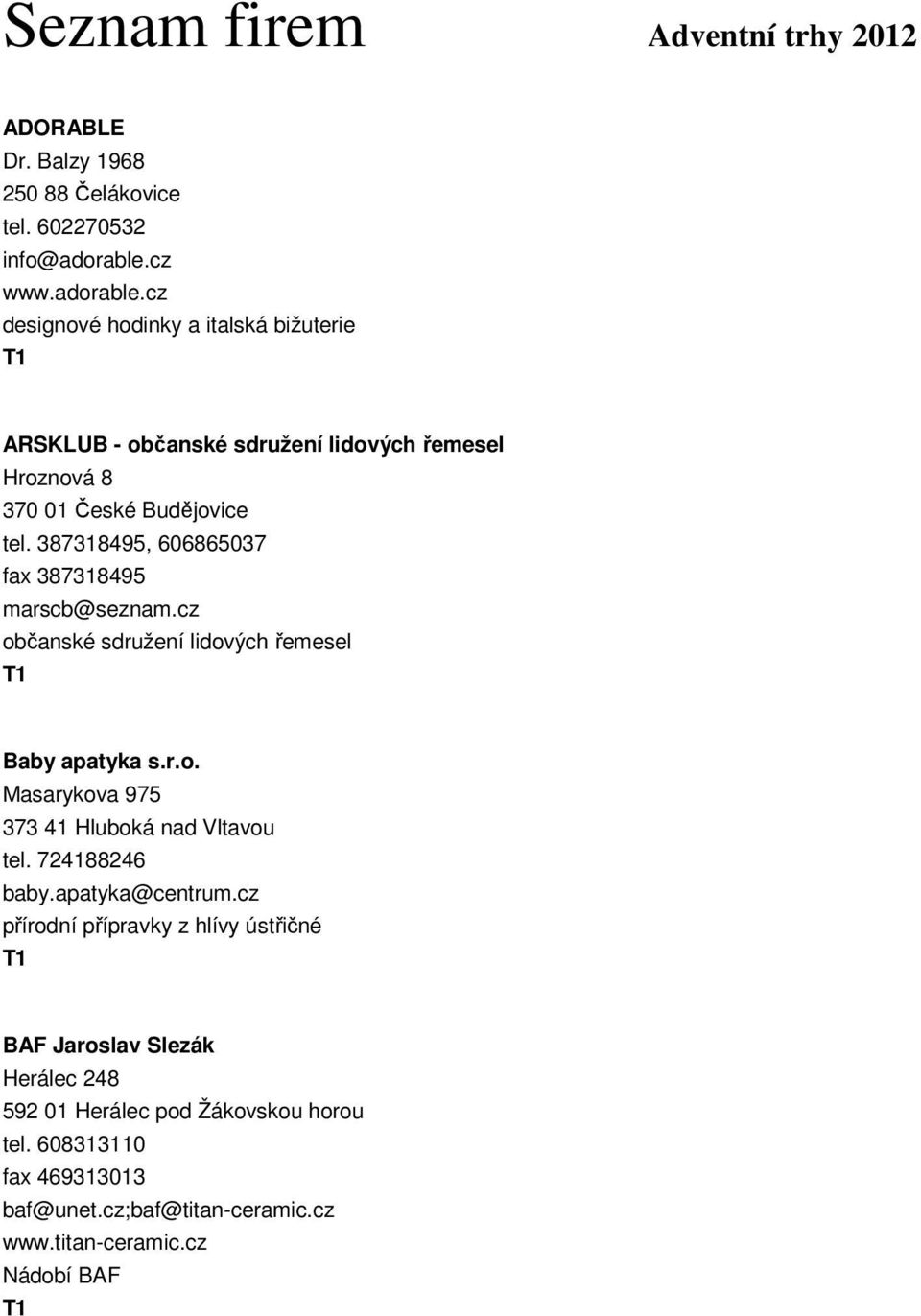 387318495, 606865037 fax 387318495 marscb@seznam.cz občanské sdružení lidových řemesel Baby apatyka s.r.o. Masarykova 975 373 41 Hluboká nad Vltavou tel.