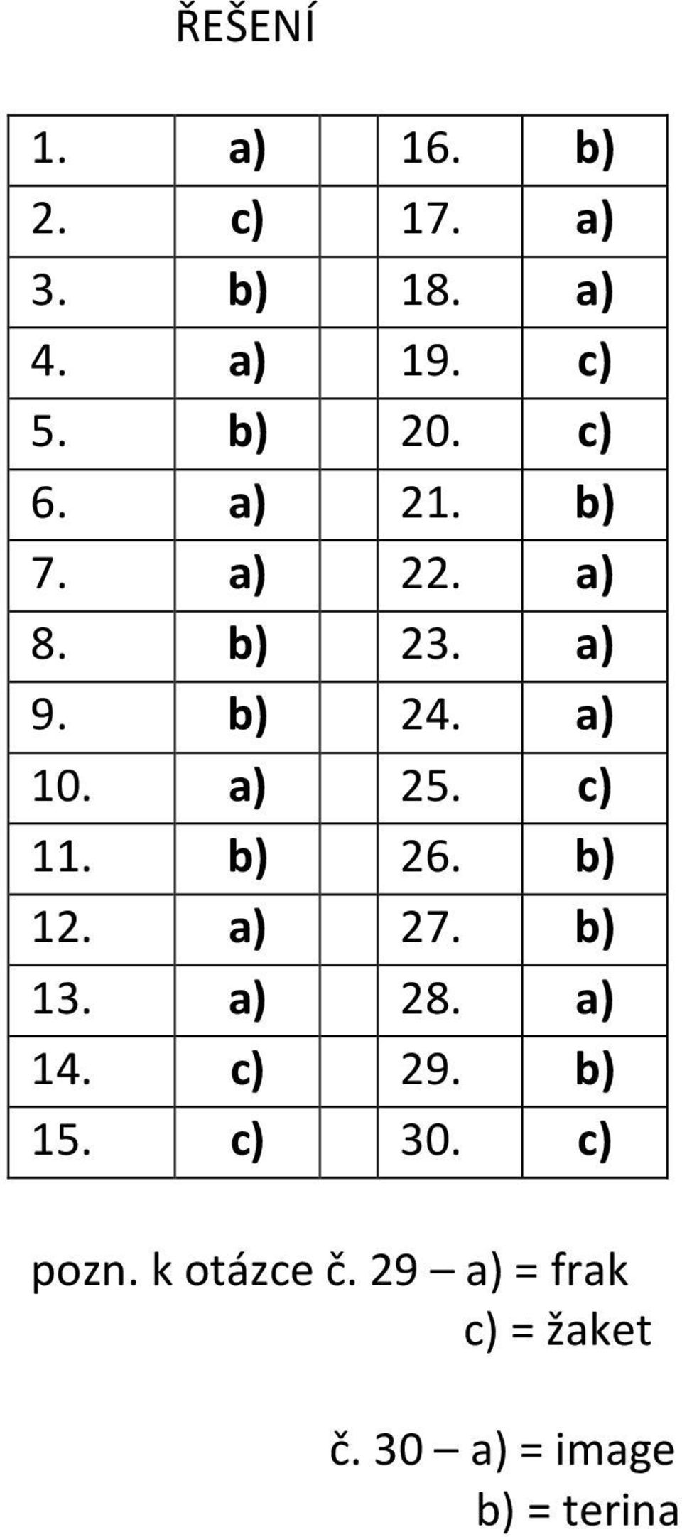 c) 11. b) 26. b) 12. a) 27. b) 13. a) 28. a) 14. c) 29. b) 15. c) 30.