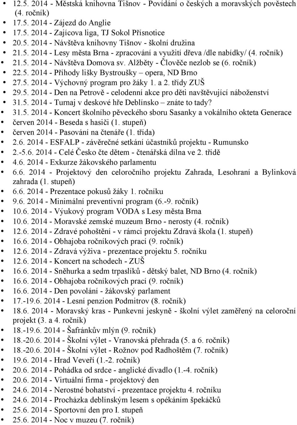 5. 2014 - Výchovný program pro žáky 1. a 2. třídy ZUŠ 29.5. 2014 - Den na Petrově - celodenní akce pro děti navštěvující náboženství 31.5. 2014 - Turnaj v deskové hře Deblínsko znáte to tady? 31.5. 2014 - Koncert školního pěveckého sboru Sasanky a vokálního okteta Generace červen 2014 - Beseda s hasiči (1.