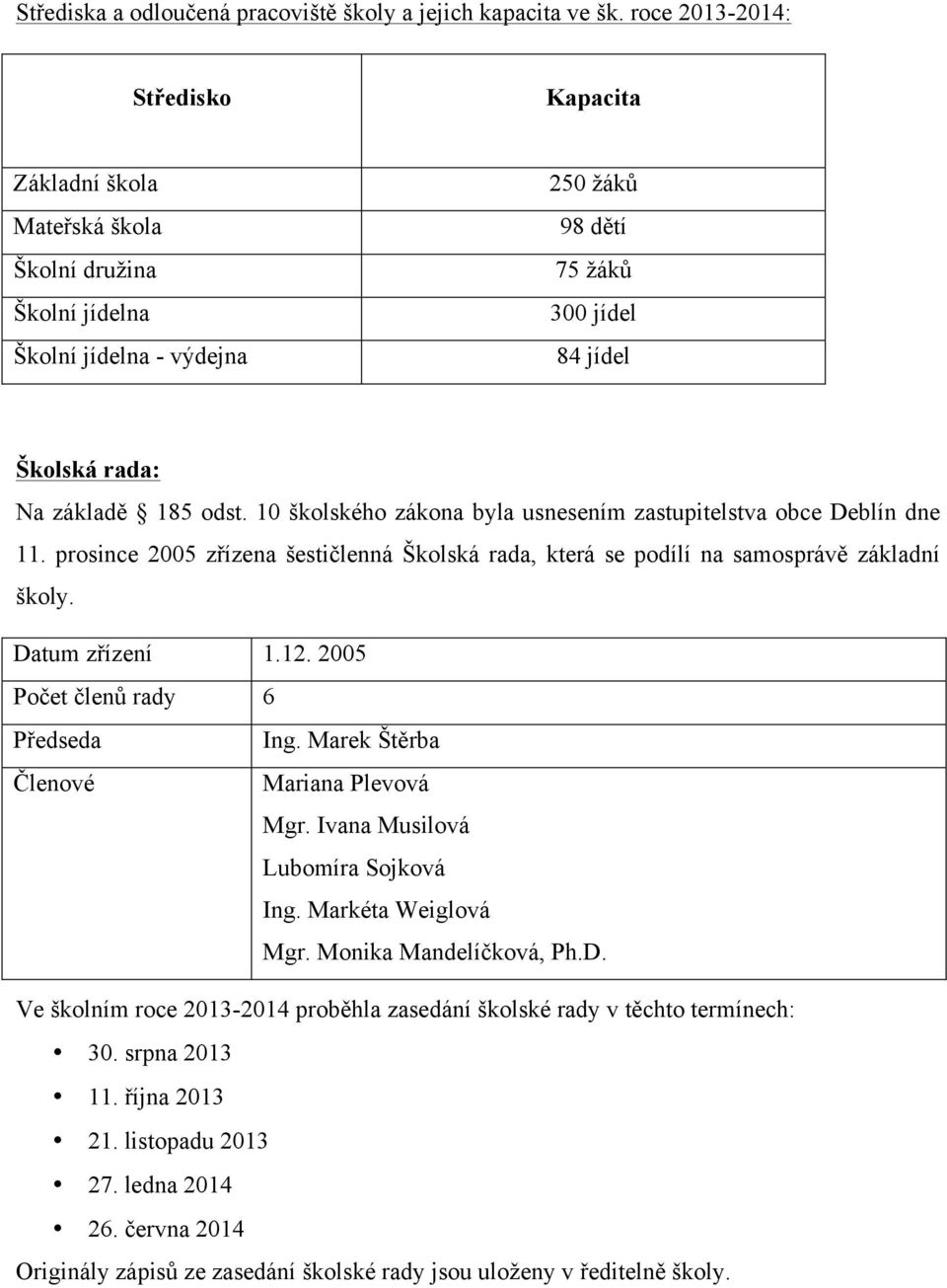 10 školského zákona byla usnesením zastupitelstva obce Deblín dne 11. prosince 2005 zřízena šestičlenná Školská rada, která se podílí na samosprávě základní školy. Datum zřízení 1.12.