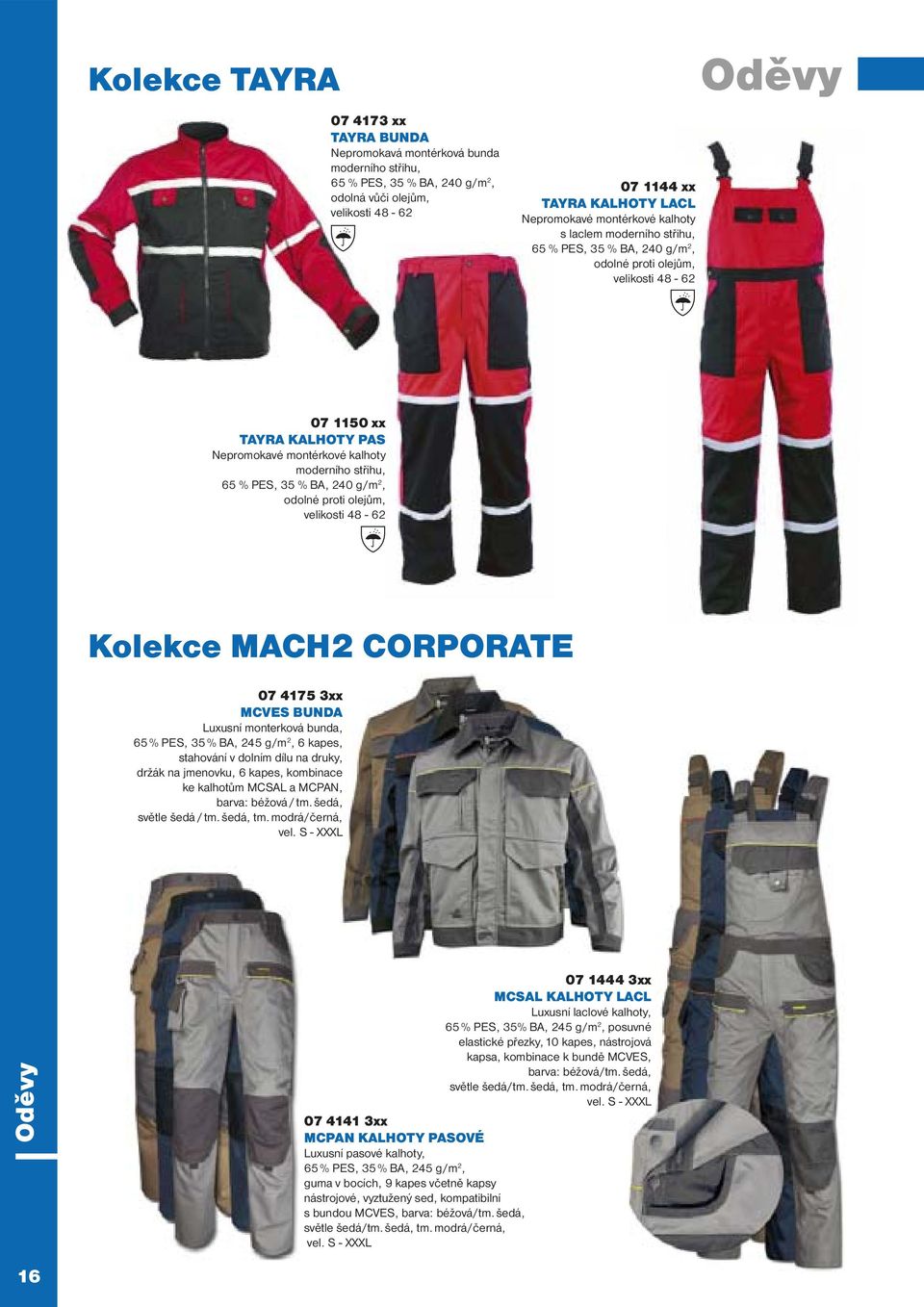 PES, 35 % BA, 240 g/m 2, odolné proti olejům, velikosti 48-62 Kolekce MACH2 CORPORATE 07 4175 3xx MCVES BUNDA Luxusní monterková bunda, 65 % PES, 35 % BA, 245 g/m 2, 6 kapes, stahování v dolním dílu