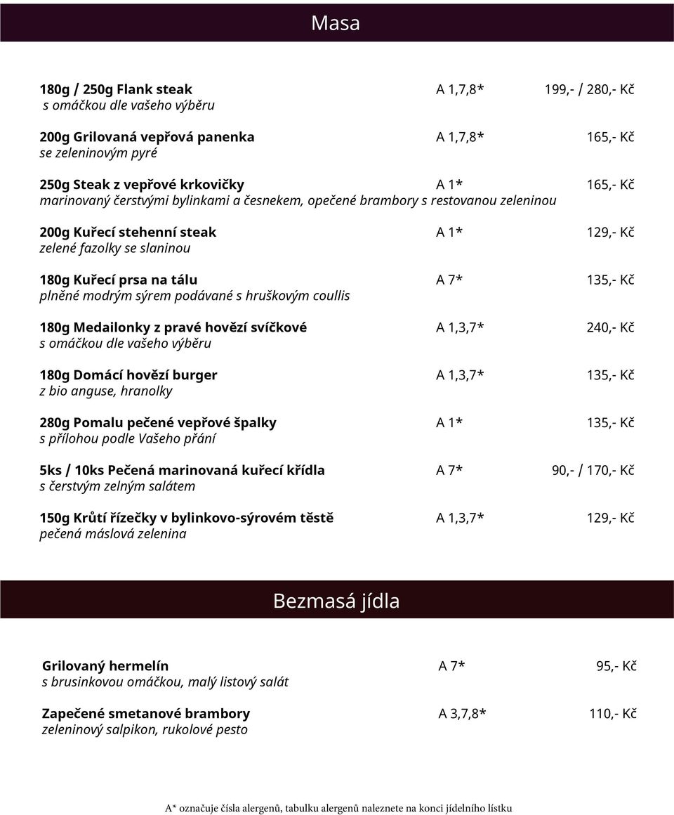 modrým sýrem podávané s hruškovým coullis 180g Medailonky z pravé hovězí svíčkové A 1,3,7* 240,- Kč s omáčkou dle vašeho výběru 180g Domácí hovězí burger A 1,3,7* 135,- Kč z bio anguse, hranolky 280g