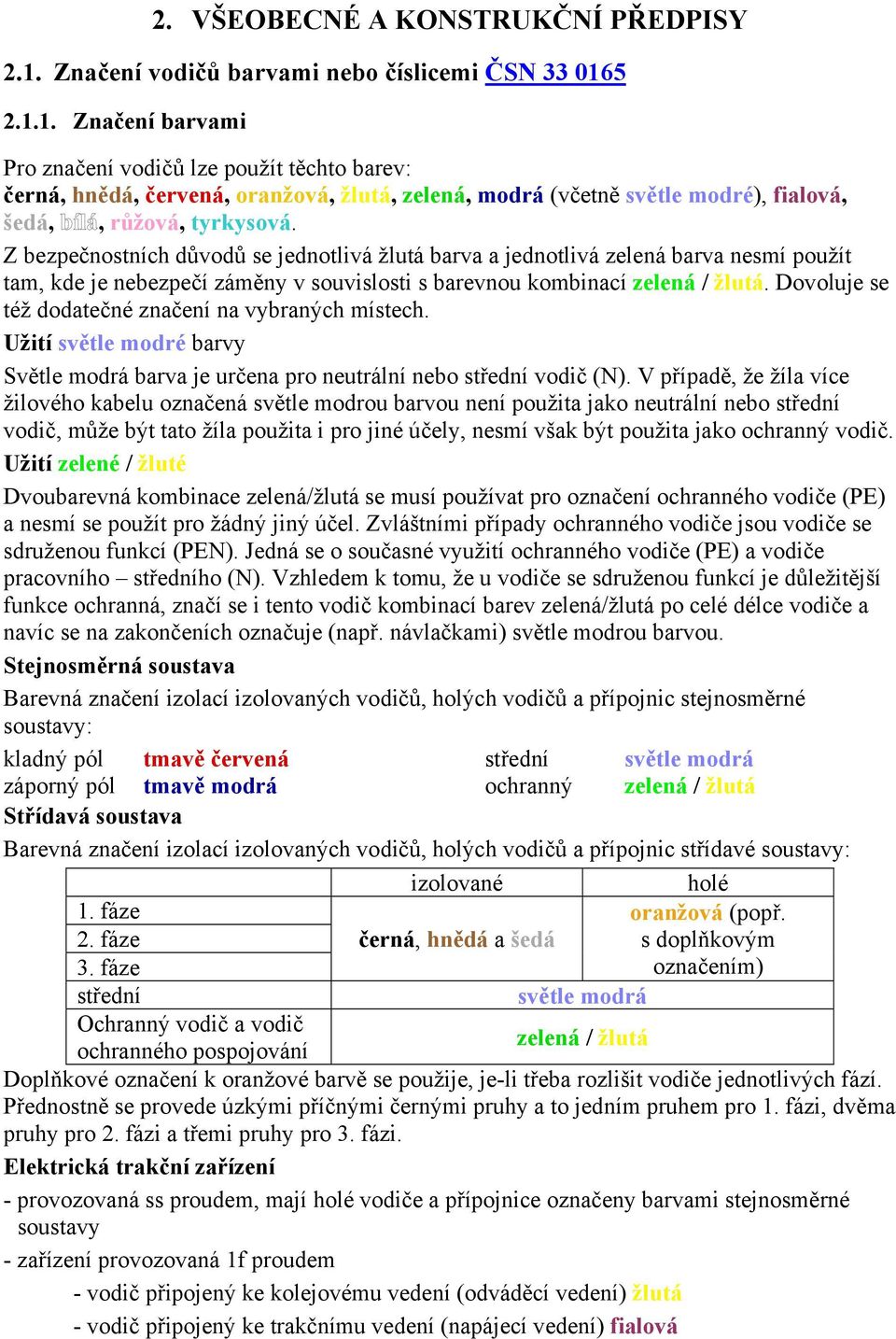 5 2.1.1. Značení barvami Pro značení vodičů lze použít těchto barev: černá, hnědá, červená, oranžová, žlutá, zelená, modrá (včetně světle modré), fialová, šedá,, růžová, tyrkysová.