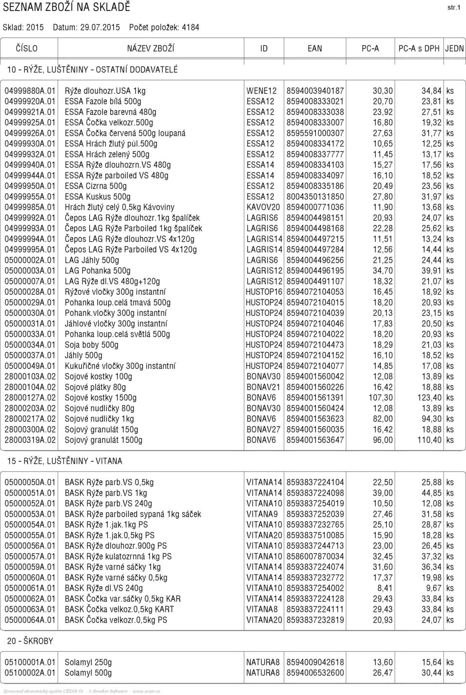 01 ESSA Čočka velkozr.500g ESSA12 8594008333007 16,80 19,32 ks 04999926A.01 ESSA Čočka červená 500g loupaná ESSA12 8595591000307 27,63 31,77 ks 04999930A.01 ESSA Hrách žlutý půl.