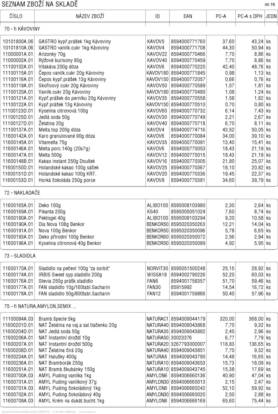 01 Vitakáva 200g dóza KAVOV6 8594000770220 42,40 48,76 ks 11100115A.01 Čepos vanilk.cukr 20g Kávoviny KAVOV180 8594000771845 0,98 1,13 ks 11100116A.01 Čepos kypř.