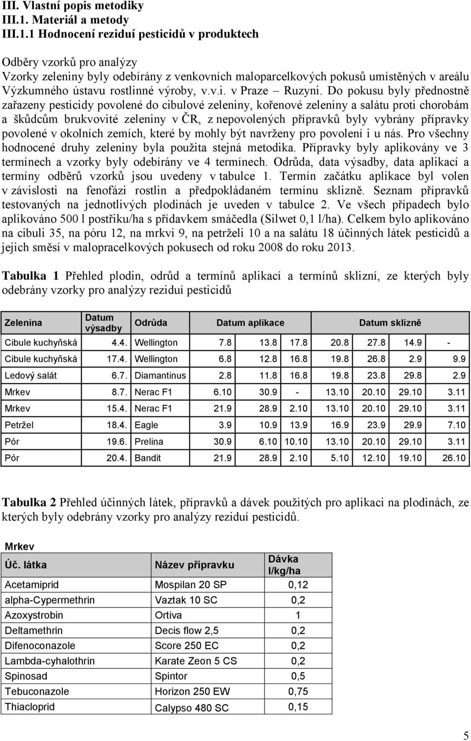 1 Hodnocení reziduí pesticidů v produktech Odběry vzorků pro analýzy Vzorky zeleniny byly odebírány z venkovních maloparcelkových pokusů umístěných v areálu Výzkumného ústavu rostlinné výroby, v.v.i. v Praze Ruzyni.