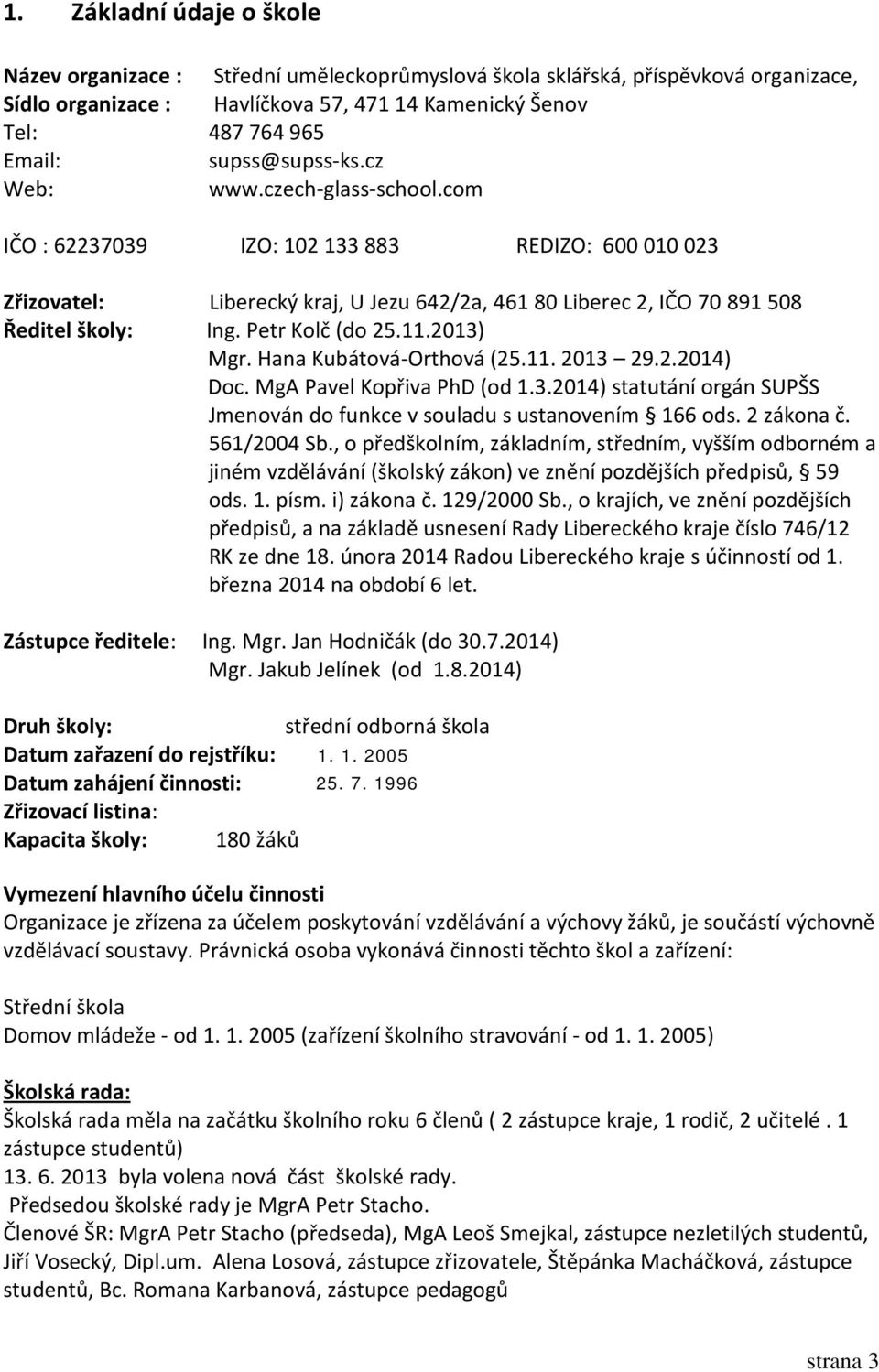 Petr Kolč (do 25.11.2013) Mgr. Hana Kubátová-Orthová (25.11. 2013 29.2.2014) Doc. MgA Pavel Kopřiva PhD (od 1.3.2014) statutání orgán SUPŠS Jmenován do funkce v souladu s ustanovením 166 ods.