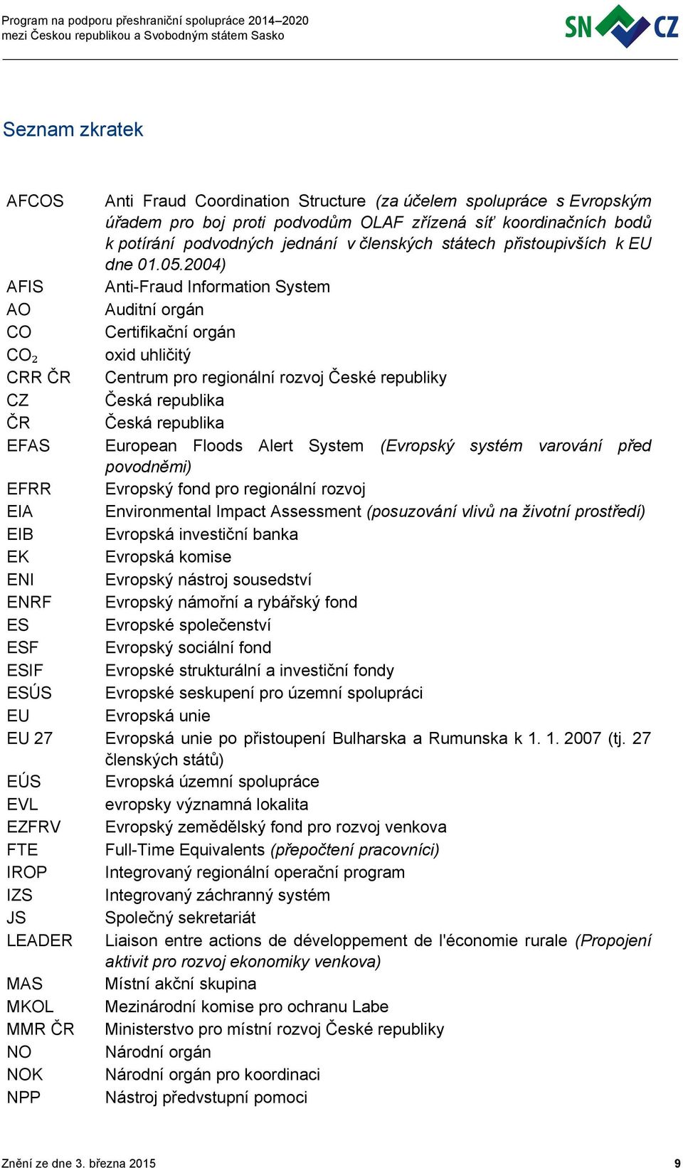 2004) AFIS Anti-Fraud Information System AO Auditní orgán CO Certifikační orgán CO₂ oxid uhličitý CRR ČR Centrum pro regionální rozvoj České republiky CZ Česká republika ČR Česká republika EFAS