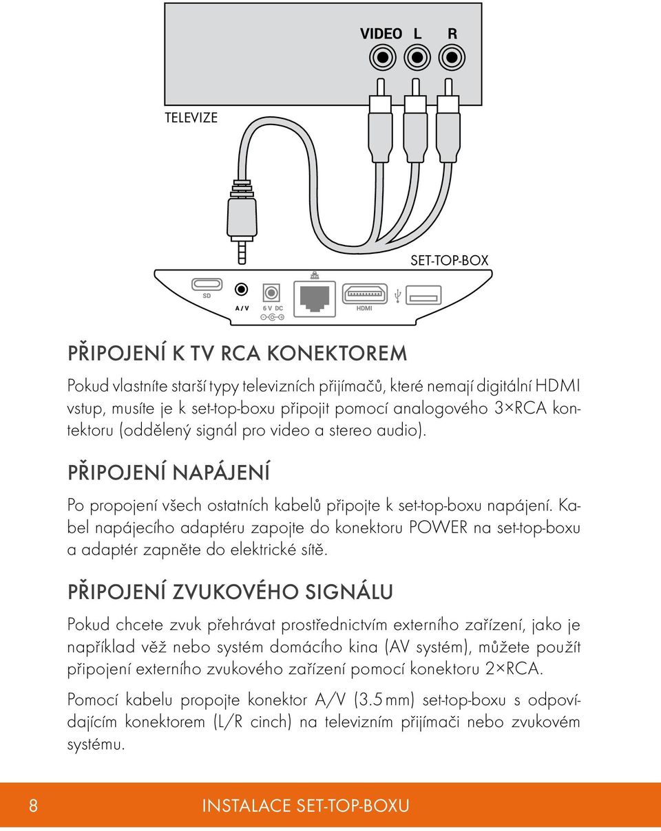 Kabel napájecího adaptéru zapojte do konektoru POWER na set-top-boxu a adaptér zapněte do elektrické sítě.