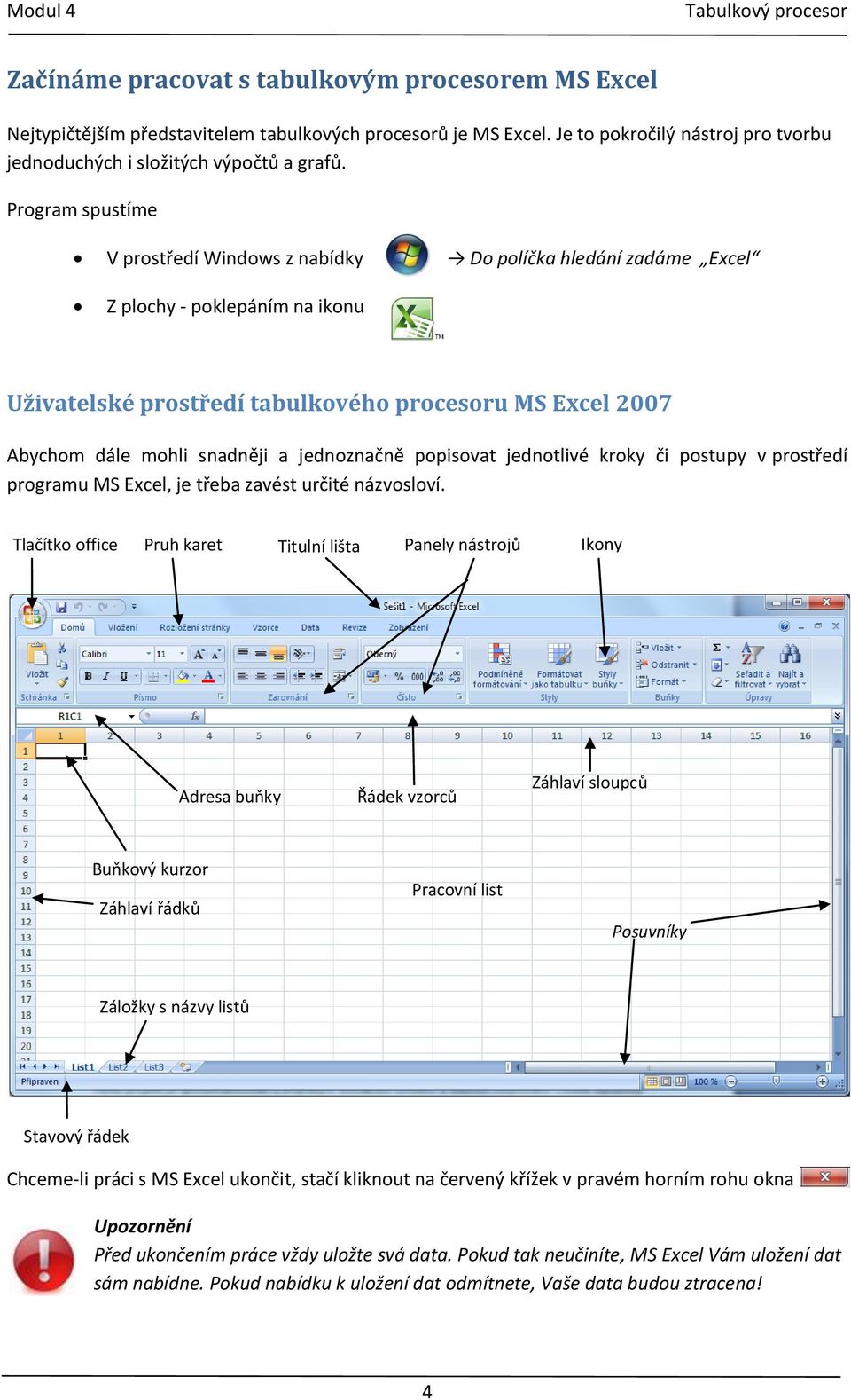 jednoznačně popisovat jednotlivé kroky či postupy v prostředí programu MS Excel, je třeba zavést určité názvosloví.