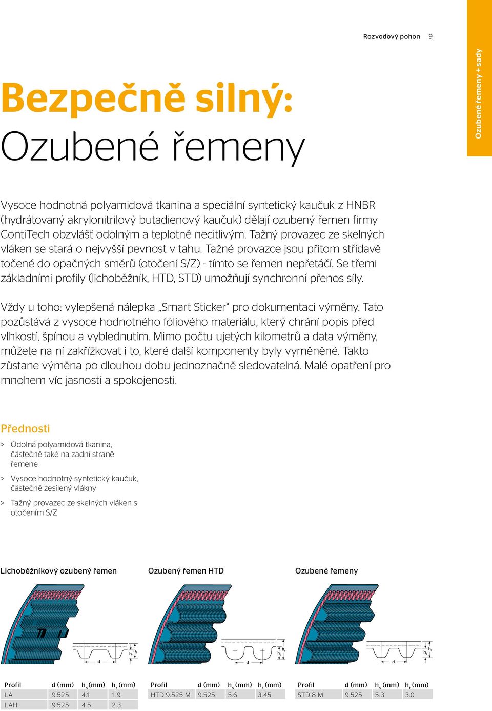 Tažné provazce jsou přitom střídavě točené do opačných směrů (otočení S/Z) - tímto se řemen nepřetáčí. Se třemi základními profily (lichoběžník, HTD, STD) umožňují synchronní přenos síly.