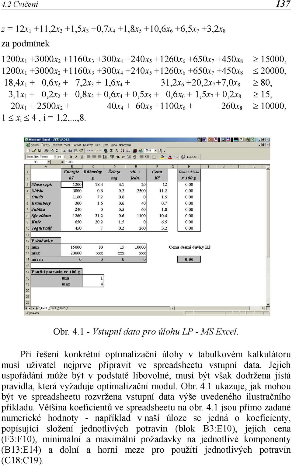 2500x 2 + 40x 4 + 60x 5 +1100x 6 + 260x 8 10000, 1 x i 4, i = 1,2,...,8. Obr. 4.1 - Vstupní data pro úlohu LP - MS Excel.