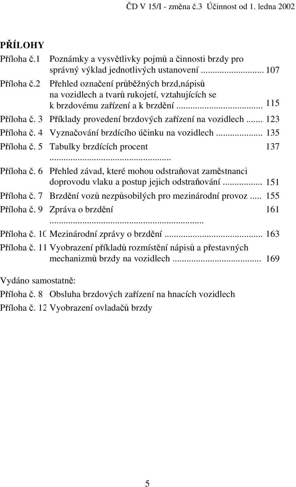 ..123 Příloha č. 4 Vyznačování brzdícího účinku na vozidlech... 135 Příloha č. 5 Tabulky brzdících procent... Příloha č. 6 Přehled závad, které mohou odstraňovat zaměstnanci doprovodu vlaku a postup jejich odstraňování.