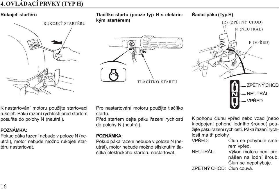 POZNÁMKA: Pokud páka řazení nebude v poloze N (neutrál), motor nebude možno rukojetí startéru nastartovat. TLAČÍTKO STARTU Pro nastartování motoru použijte tlačítko startu.