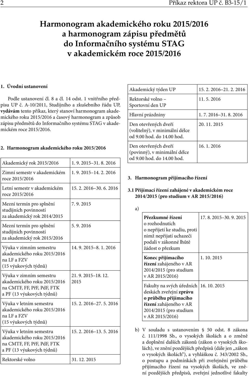 akademickém roce 2015/2016. 2. Harmonogram Akademický rok 2015/2016 1. 9. 2015 31. 8.