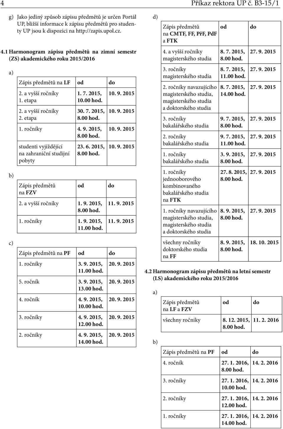 2015, studenti vyjíždějící na zahraniční studijní pobyty na FZV 23. 6. 2015, 2. a vyšší ročníky 1. 9. 2015, 1. ročníky 1. 9. 2015, na PF 1. ročníky 3. 9. 2015, 5. ročník 3. 9. 2015, 13.00 h. 4.