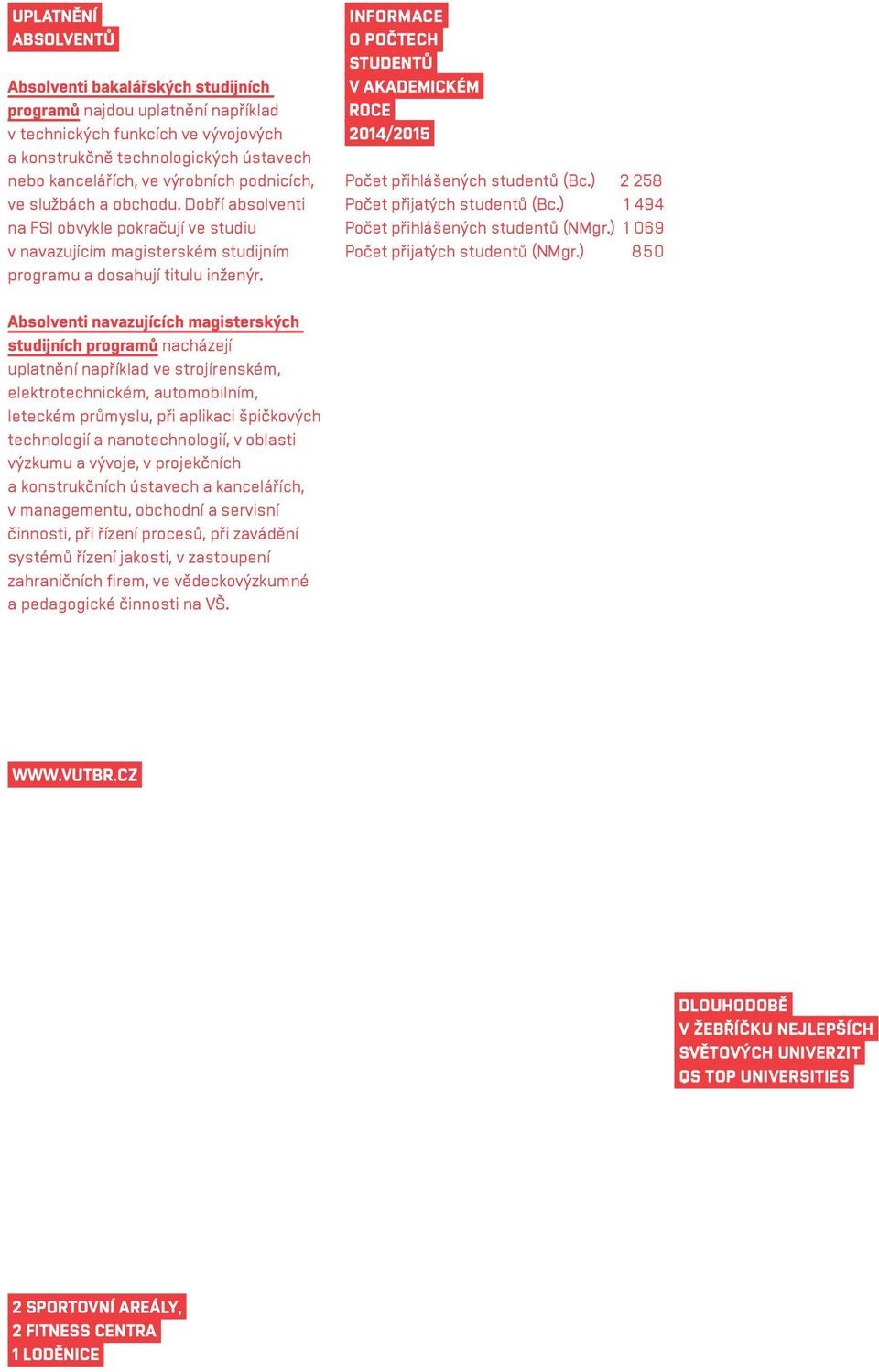 o počtech studentů v akademickém roce 2014/2015 Počet přihlášených studentů (Bc.) 2 258 Počet přijatých studentů (Bc.) 1 494 Počet přihlášených studentů (NMgr.) 1 069 Počet přijatých studentů (NMgr.