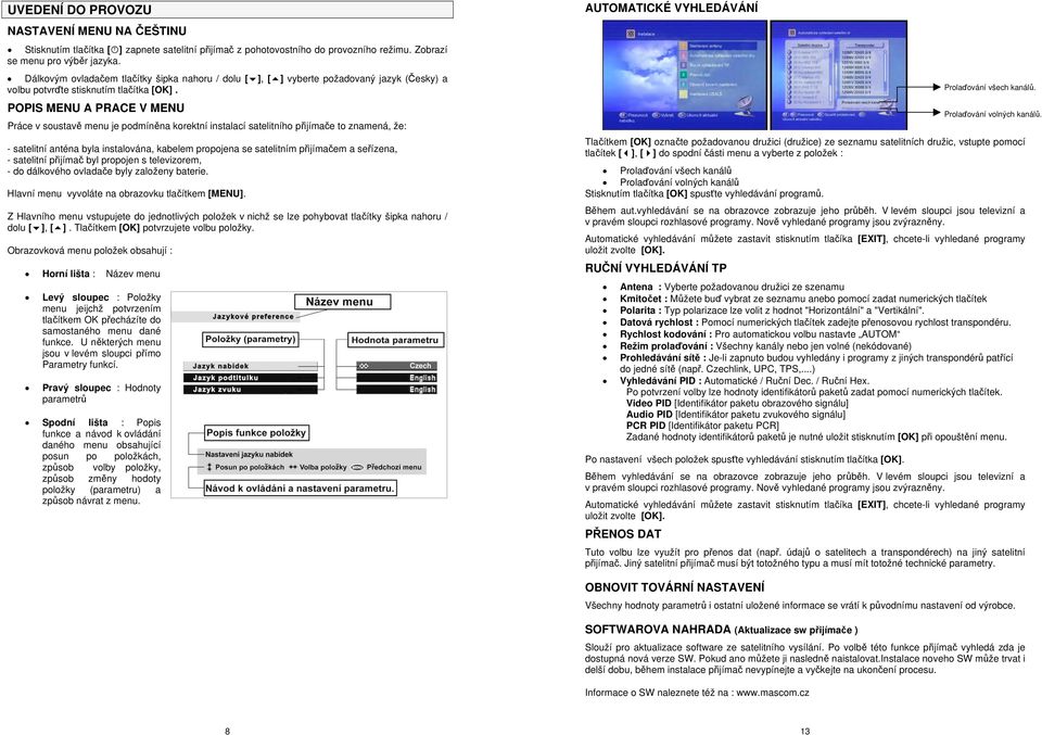 POPIS MENU A PRACE V MENU Práce v soustavě menu je podmíněna korektní instalací satelitního přijímače to znamená, že: - satelitní anténa byla instalována, kabelem propojena se satelitním přijímačem a