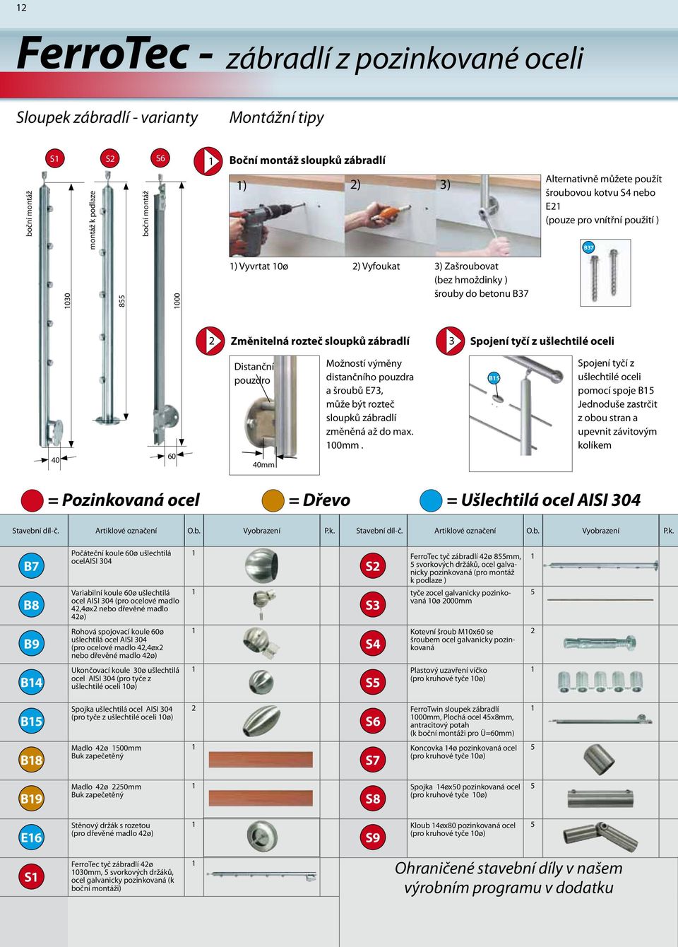 ušlechtilé oceli 40 60 Distanční pouzdro 40mm Možností výměny distančního pouzdra a šroubů E73, může být rozteč sloupků zábradlí změněná až do max. 00mm.