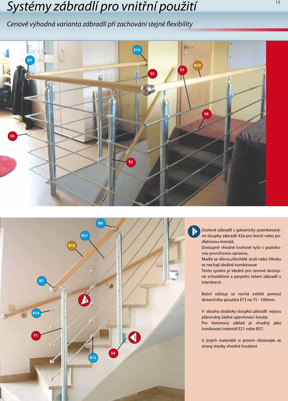 Madla ze dřeva,ušlechtilé oceli nebo hliníku se nechají ideálně kombinovat Tento systém je ideální pro cenově dostupné schodišťové a parpetní řešení zábradlí v interiérech.