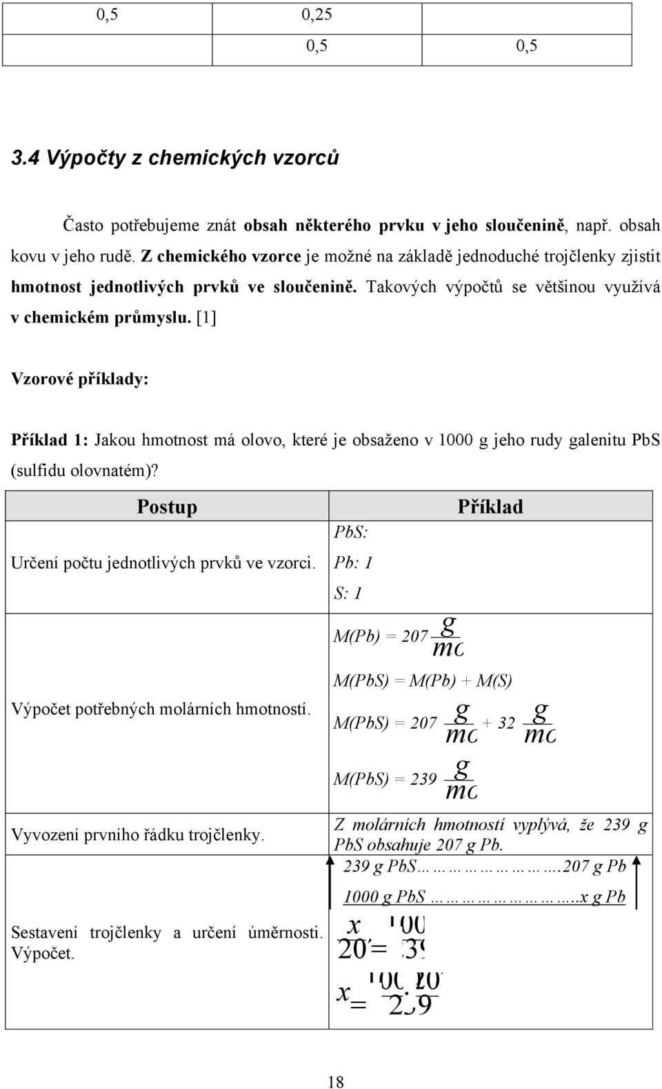 [1] Vzorové příklady: Příklad 1: Jakou hmotnost má olovo, které je obsaţeno v 1000 jeho rudy alenitu PbS (sulfidu olovnatém)? Postup Příklad PbS: Určení počtu jednotlivých prvků ve vzorci.