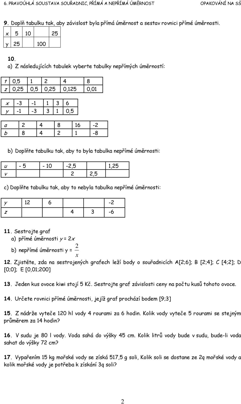 5-0 -,5,5 v,5 c) Doplňte tabulku tak, aby to nebyla tabulka nepřímé úměrnosti: y 6 - z 3-6. Sestrojte graf a) přímé úměrnosti y = x b) nepřímé úměrnosti y = x.