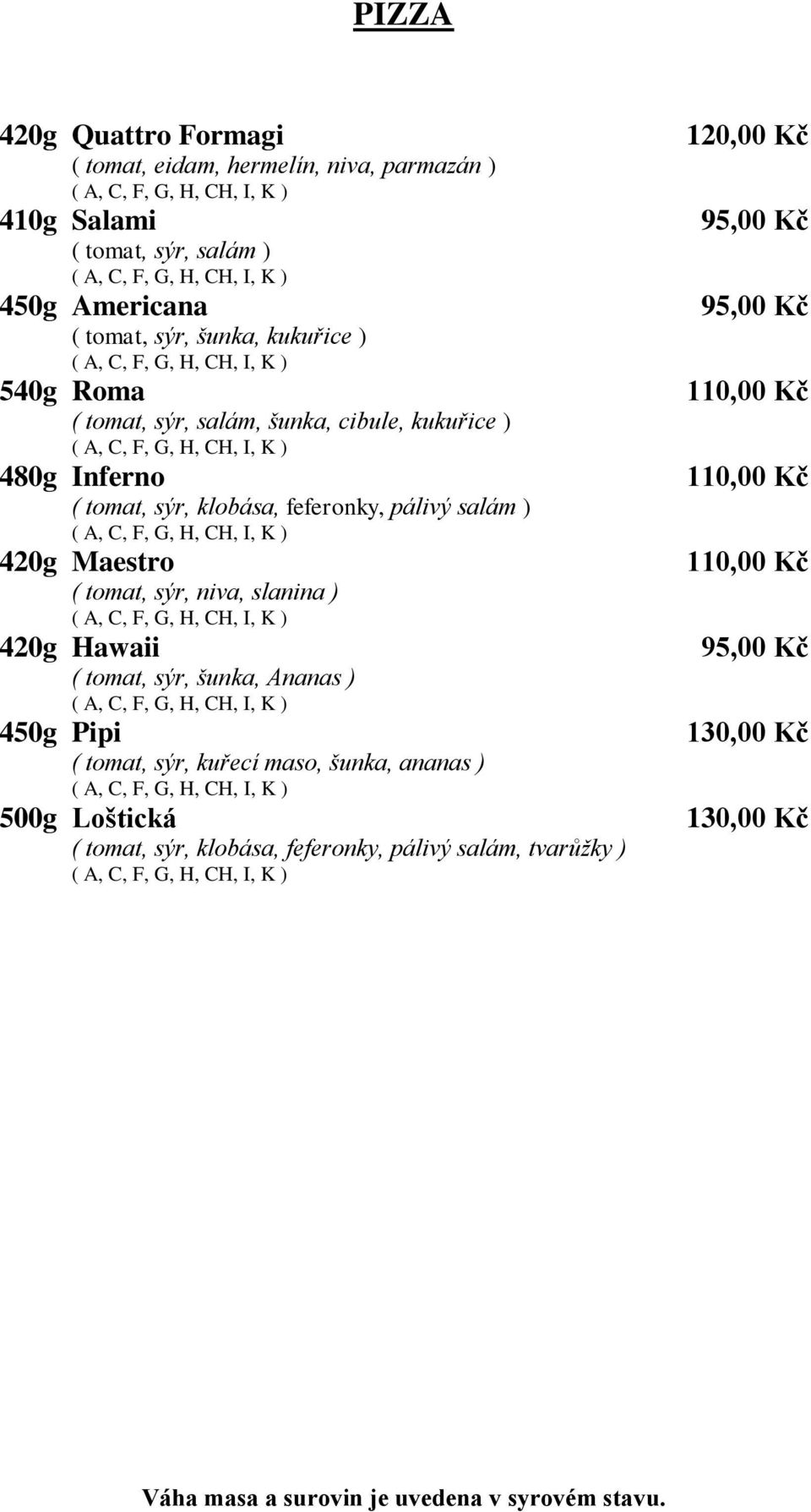 pálivý salám ) 420g Maestro ( tomat, sýr, niva, slanina ) 420g Hawaii ( tomat, sýr, šunka, Ananas ) 450g Pipi ( tomat, sýr,