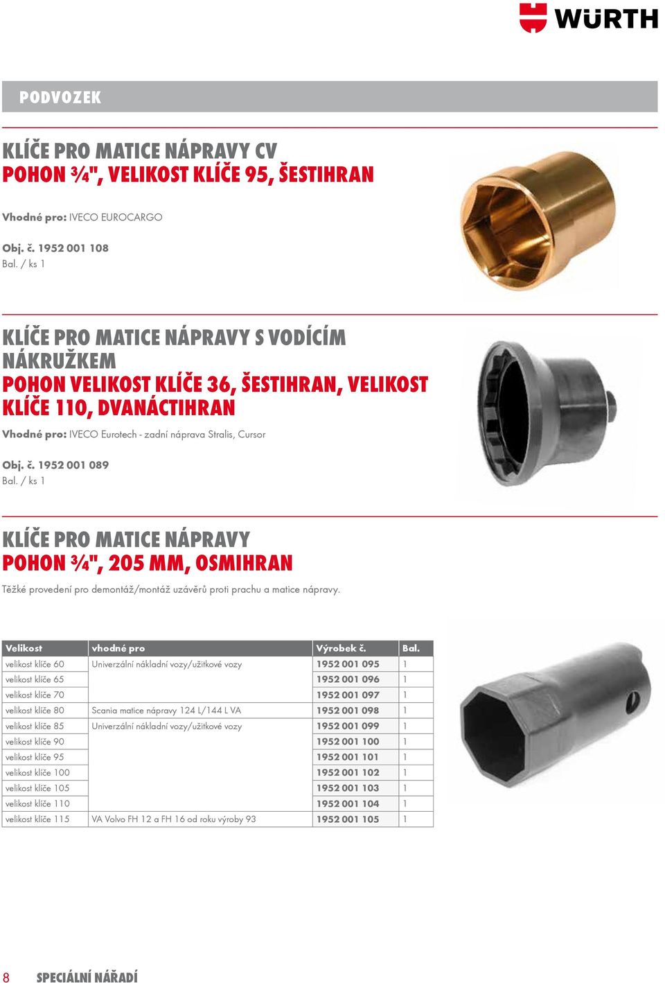 1952 001 089 KLÍČE PRO MATICE NÁPRAVY Pohon ¾", 205 mm, osmihran Těžké provedení pro demontáž/montáž uzávěrů proti prachu a matice nápravy. Velikost vhodné pro Výrobek č. Bal.