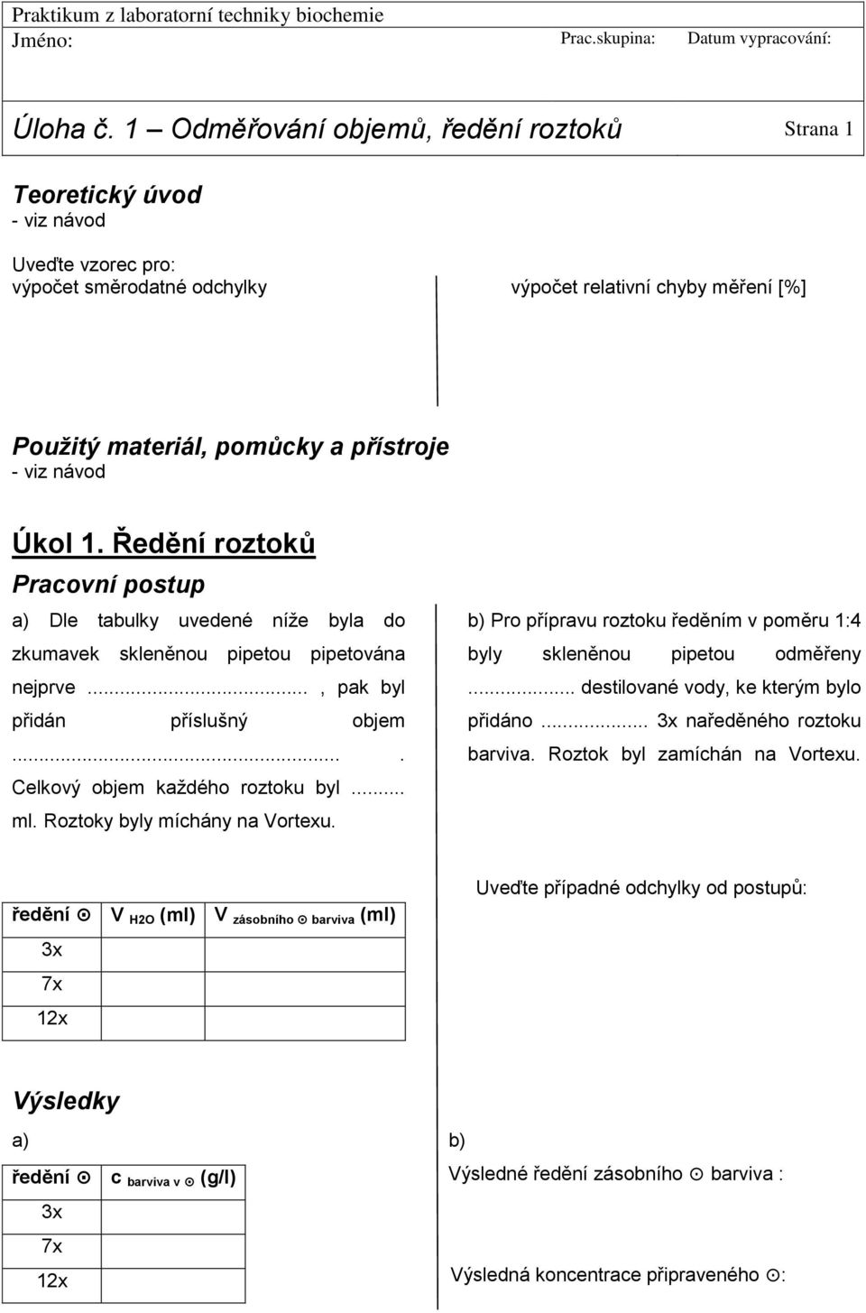 Roztoky byly míchány na Vortexu. b) Pro přípravu roztoku ředěním v poměru 1:4 byly skleněnou pipetou odměřeny... destilované vody, ke kterým bylo přidáno... 3x naředěného roztoku barviva.