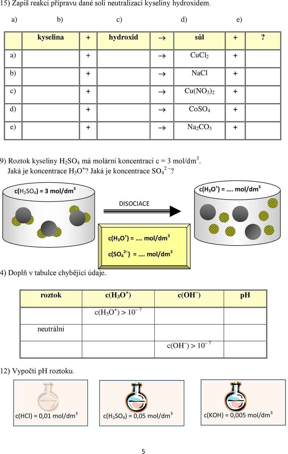 Jaká je koncentrace H 3 O +? Jaká je koncentrace SO 4 2? c(h 2 SO 4 ) = 3 mol/dm 3 DISOCIACE c(h 3 O + ) =. mol/dm 3 c(h 3 O + ) =. mol/dm 3 c(so 4 2 ) =.