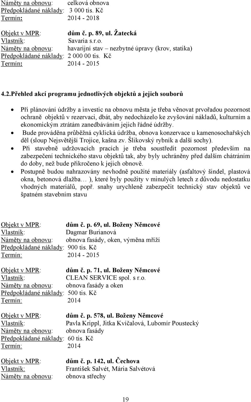 14-2015 4.2.Přehled akcí programu jednotlivých objektů a jejich souborů Při plánování údržby a investic na obnovu města je třeba věnovat prvořadou pozornost ochraně objektů v rezervaci, dbát, aby