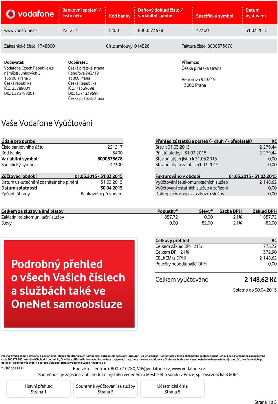 CZ25788001 DIČ: CZ71339698 Česká pirátská strana Vaše Vodafone Vyúčtování Údaje pro platbu Číslo bankovního účtu Variabilní symbol 221217 5400 8000573678 42300 Přehled zůstatků a plateb (+ dluh / -