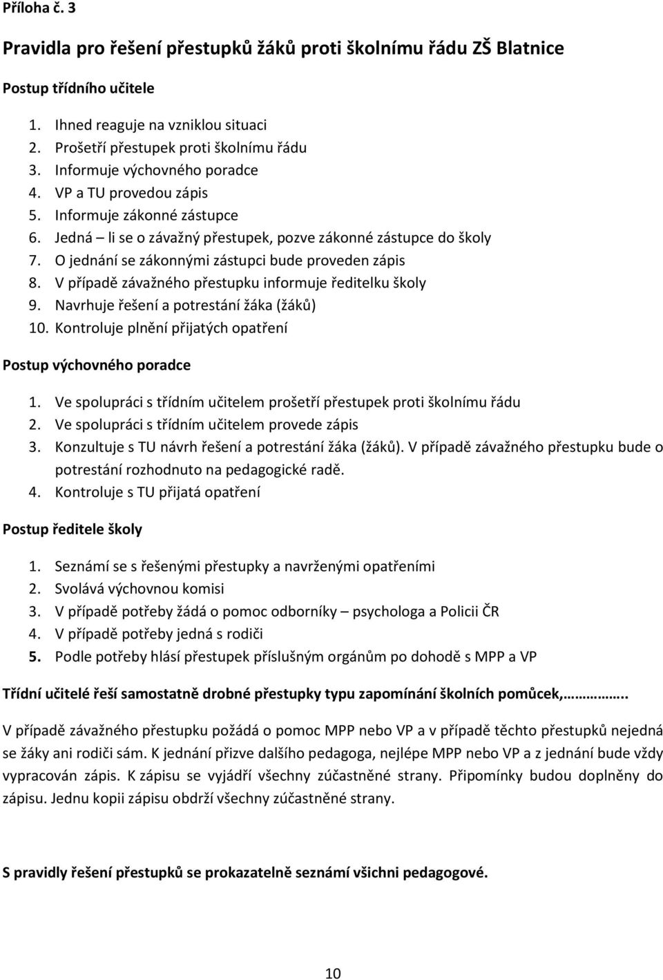 O jednání se zákonnými zástupci bude proveden zápis 8. V případě závažného přestupku informuje ředitelku školy 9. Navrhuje řešení a potrestání žáka (žáků) 10.