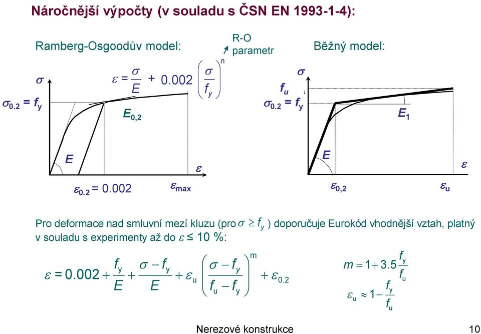 002 a) max max E o,e e E b) p 0,2 o,x max a) max u Pro deformace nad smluvní mezí kluzu (pro f ) doporučuje Eurokód vhodnější