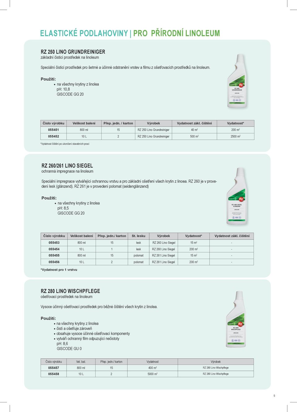čištění * 055451 800 ml 15 RZ 250 Lino Grundreiniger 40 m 2 200 m 2 055452 10 L 2 RZ 250 Lino Grundreiniger 500 m 2 2500 m 2 * čištění po ukončení stavebních prací RZ 260/261 Lino Siegel ochranná