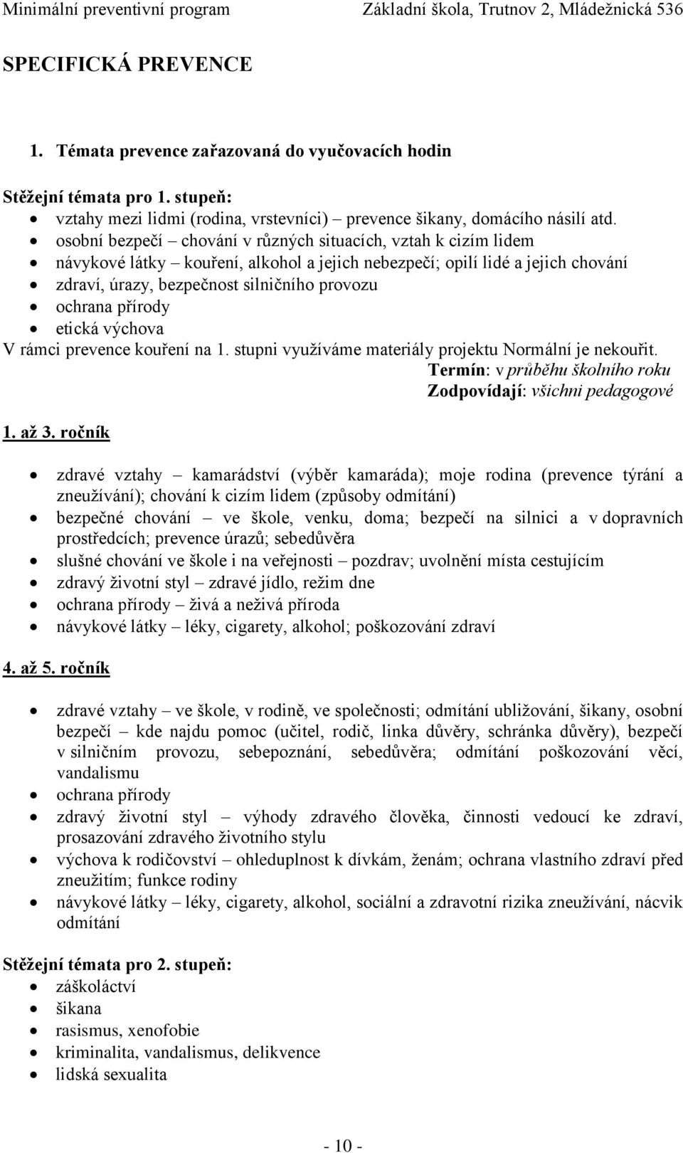 přírody etická výchova V rámci prevence kouření na 1. stupni využíváme materiály projektu Normální je nekouřit. Termín: v průběhu školního roku Zodpovídají: všichni pedagogové 1. až 3.