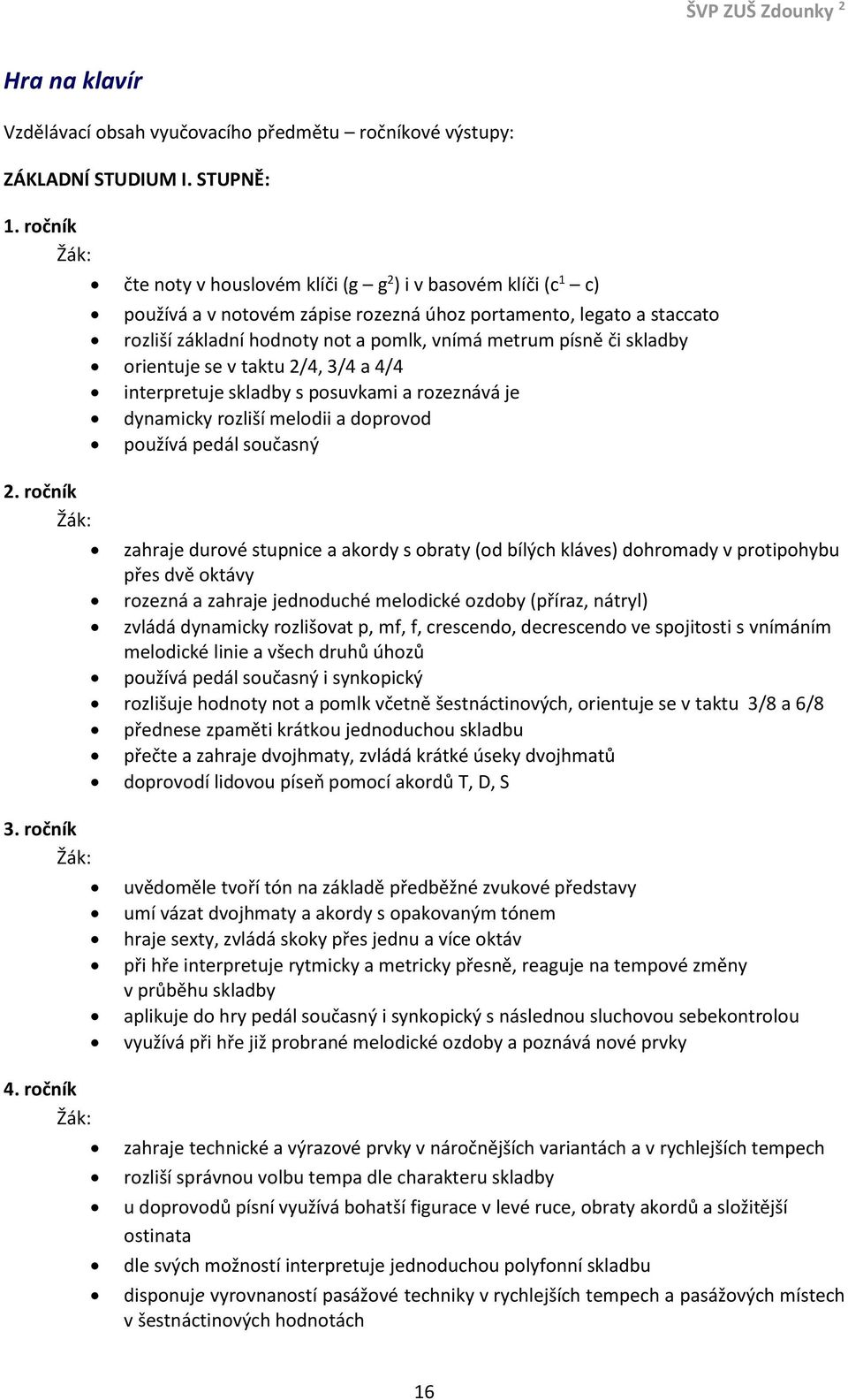 skladby orientuje se v taktu 2/4, 3/4 a 4/4 interpretuje skladby s posuvkami a rozeznává je dynamicky rozliší melodii a doprovod používá pedál současný zahraje durové stupnice a akordy s obraty (od