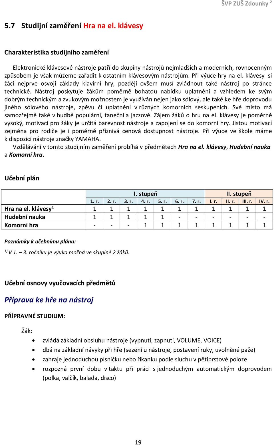 nástrojům. Při výuce hry na el. klávesy si žáci nejprve osvojí základy klavírní hry, později ovšem musí zvládnout také nástroj po stránce technické.