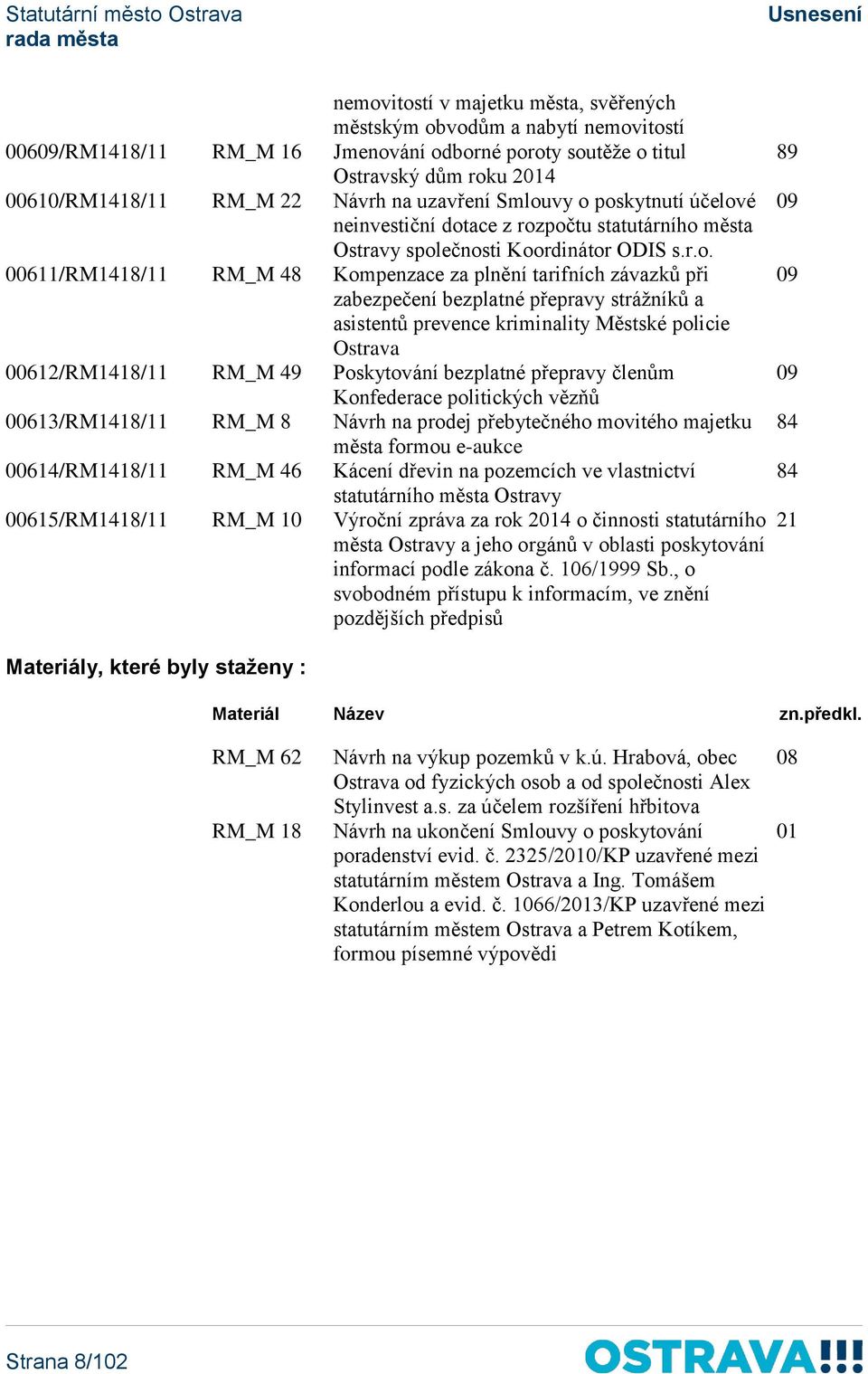 vy o poskytnutí účelové neinvestiční dotace z rozpočtu statutárního města Ostravy společnosti Koordinátor ODIS s.r.o. 00611/RM1418/11 RM_M 48 Kompenzace za plnění tarifních závazků při zabezpečení