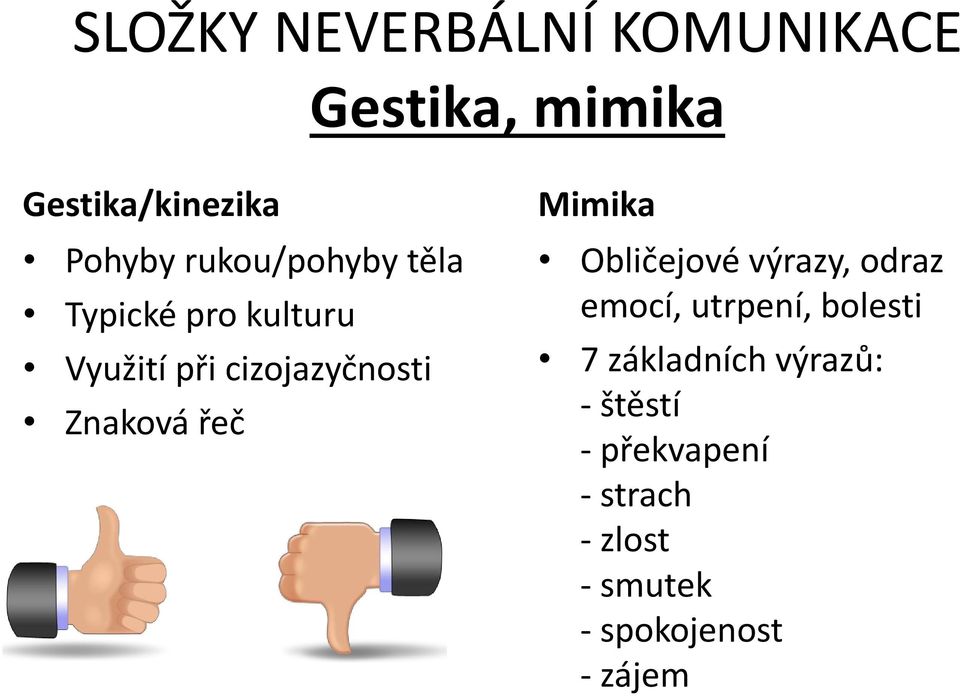 řeč Mimika Obličejové výrazy, odraz emocí, utrpení, bolesti 7 základních