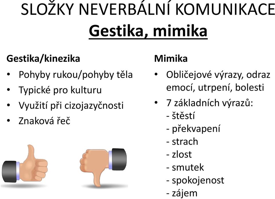 řeč Mimika Obličejové výrazy, odraz emocí, utrpení, bolesti 7 základních