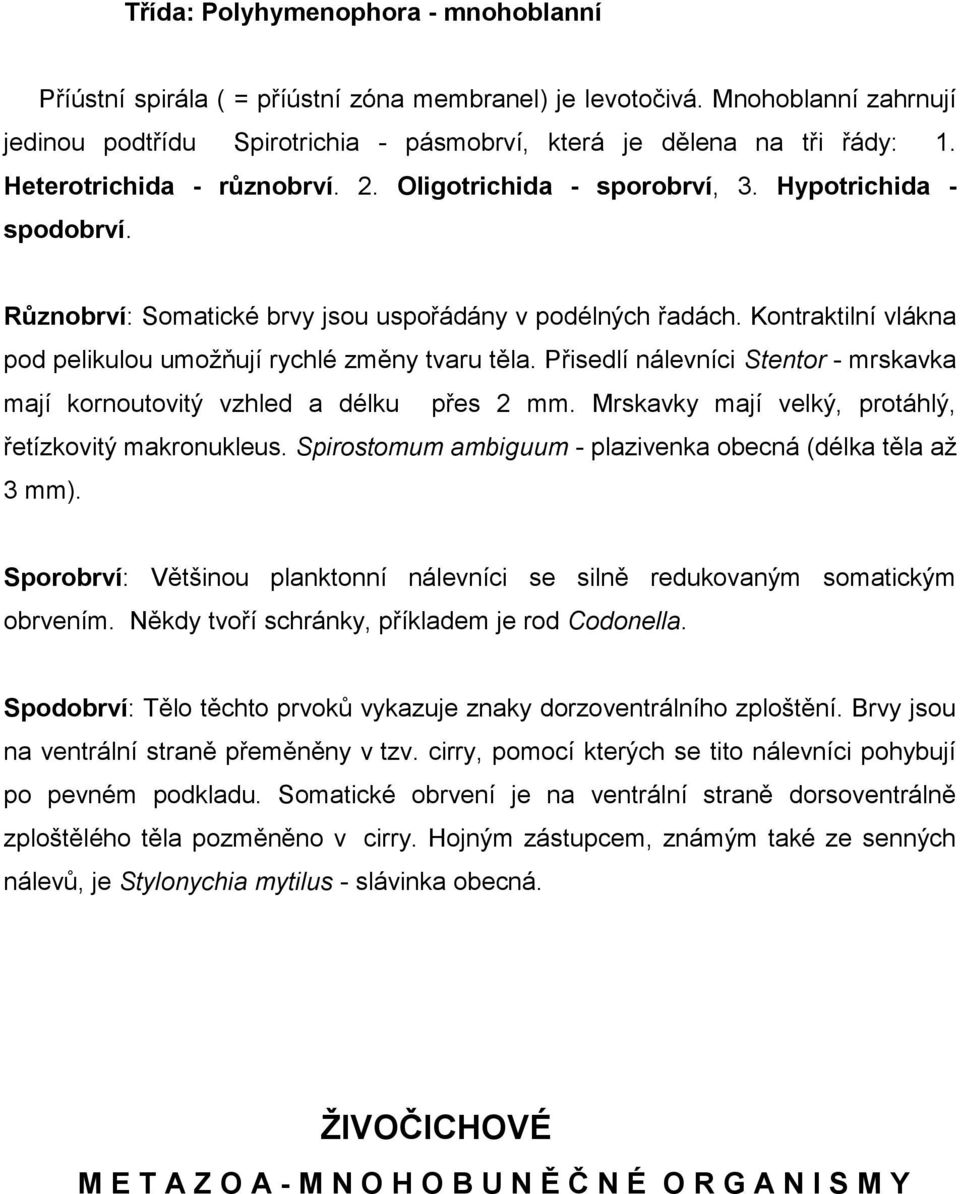 Kontraktilní vlákna pod pelikulou umoţňují rychlé změny tvaru těla. Přisedlí nálevníci Stentor - mrskavka mají kornoutovitý vzhled a délku přes 2 mm.