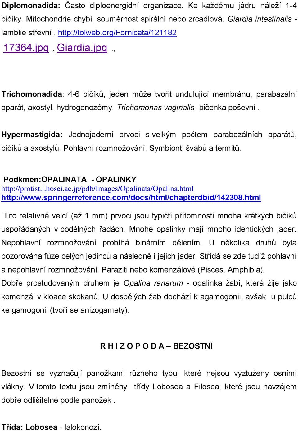 Hypermastigida: Jednojaderní prvoci s velkým počtem parabazálních aparátů, bičíků a axostylů. Pohlavní rozmnoţování. Symbionti švábů a termitů. Podkmen:OPALINATA - OPALINKY http://protist.i.hosei.ac.