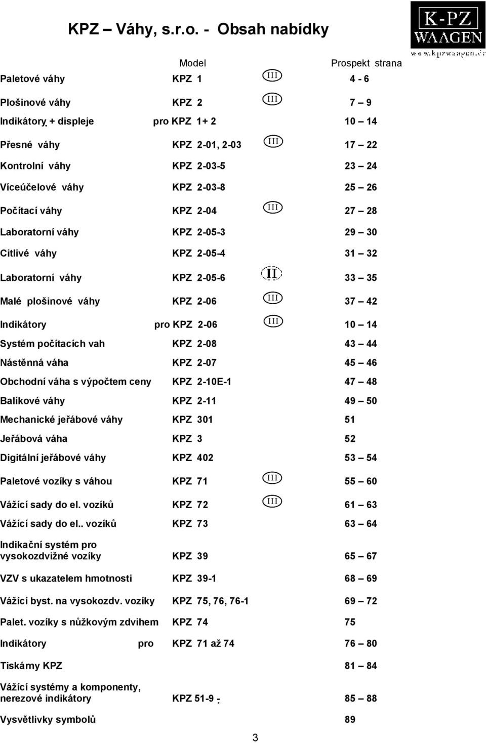 23 24 Víceúčelové váhy KPZ 2-03-8 25 26 Počítací váhy KPZ 2-04 III 27 28 Laboratorní váhy KPZ 2-05-3 29 30 Citlivé váhy KPZ 2-05-4 31 32 Laboratorní váhy KPZ 2-05-6 33 35 Malé plošinové váhy KPZ 2-06