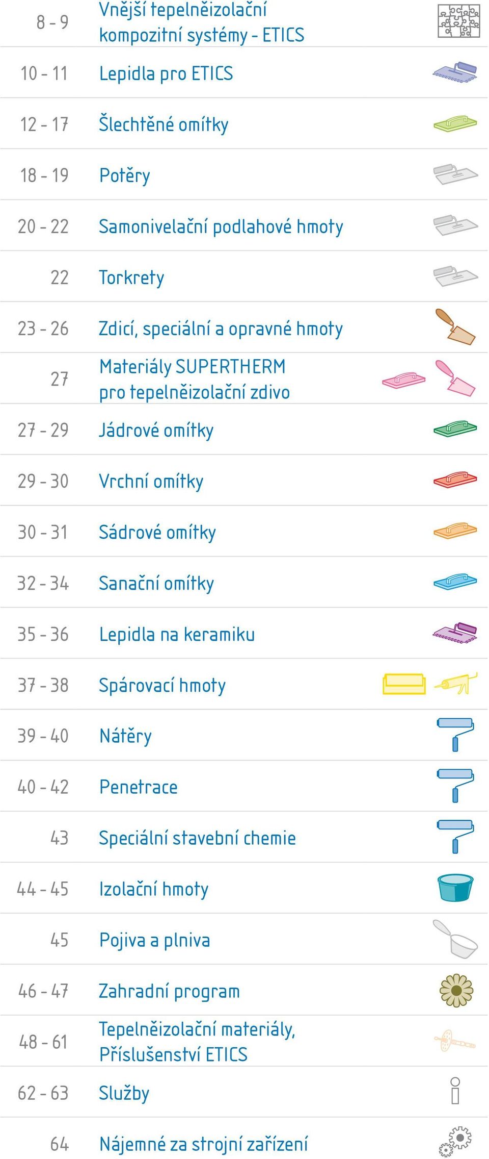 Sádrové omítky 32-34 Sanační omítky 35-36 Lepidla na keramiku 37-38 Spárovací hmoty 39-40 Nátěry 40-42 Penetrace 43 Speciální stavební chemie 44-45