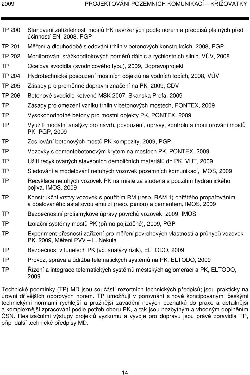 Dopravoprojekt Hydrotechnické posouzení mostních objektů na vodních tocích, 2008, VÚV Zásady pro proměnné dopravní značení na PK, 2009, CDV TP 206 Betonové svodidlo kotvené MSK 2007, Skanska Prefa,