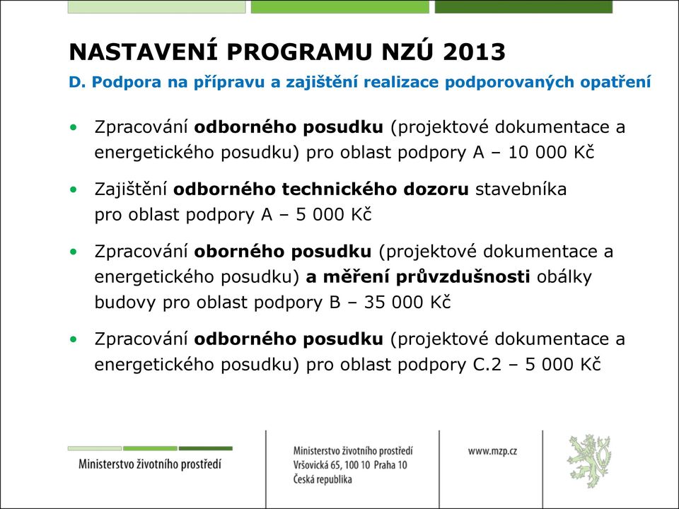 posudku) pro oblast podpory A 10 000 Kč Zajištění odborného technického dozoru stavebníka pro oblast podpory A 5 000 Kč Zpracování