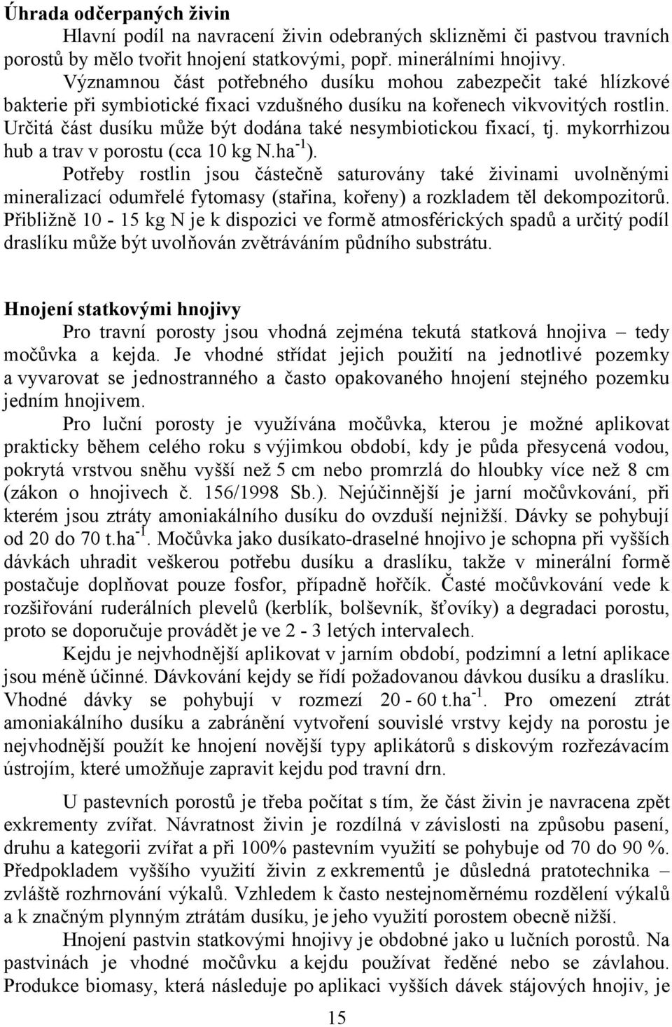 Určitá část dusíku může být dodána také nesymbiotickou fixací, tj. mykorrhizou hub a trav v porostu (cca 10 kg N.ha -1 ).