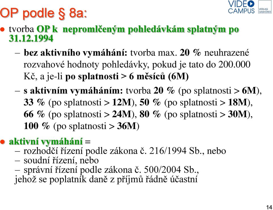 000 Kč, a je-li po splatnosti > 6 měsíců (6M) s aktivním vymáháním: tvorba 20 % (po splatnosti > 6M), 33 % (po splatnosti > 12M), 50 % (po splatnosti